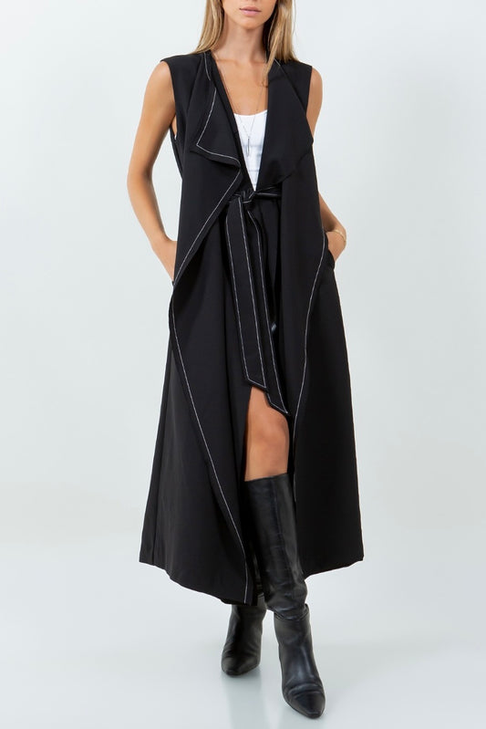 DOUBLE LAPEL LONG LINE STRUCTURED SLEEVELESS CAPE DRESS BOLD