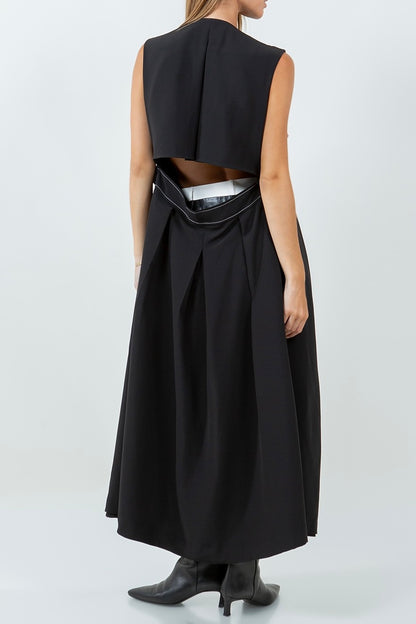 DOUBLE LAPEL LONG LINE STRUCTURED SLEEVELESS CAPE DRESS BOLD