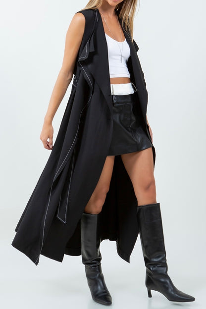 DOUBLE LAPEL LONG LINE STRUCTURED SLEEVELESS CAPE DRESS BOLD