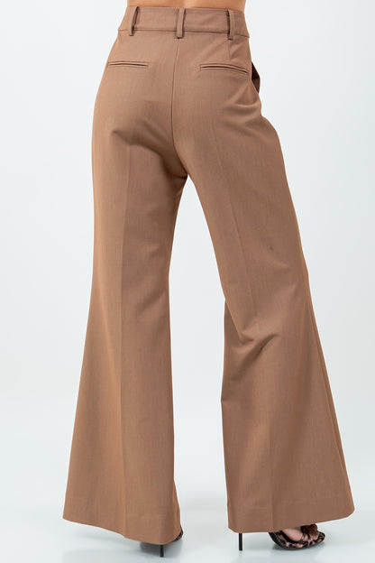 CAMEL FIT AND FLARE WOVEN TROUSERS