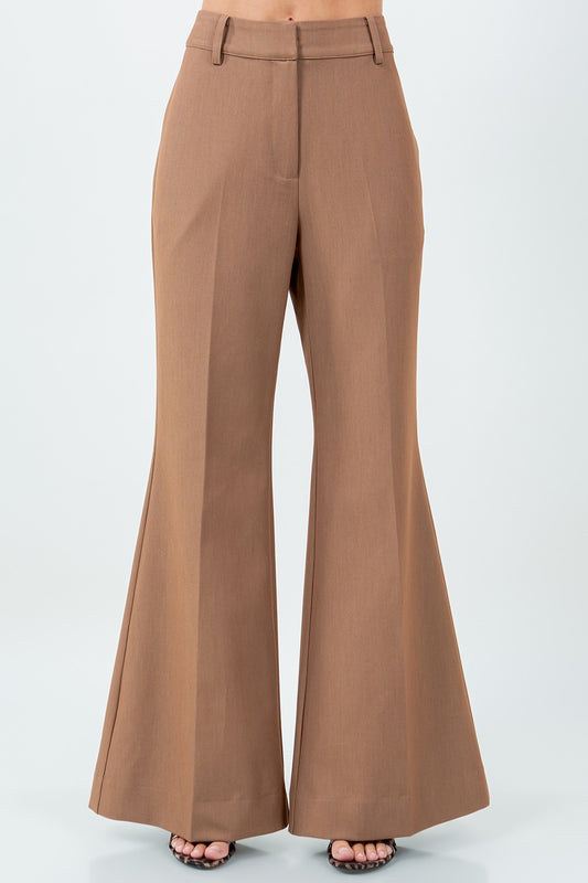 CAMEL FIT AND FLARE WOVEN TROUSERS