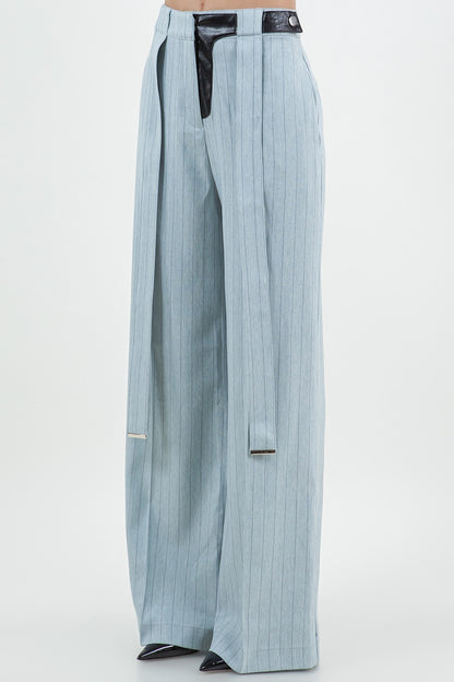 PINSTRIPE PU COMBO TROUSERS WITH STRAP DETAILS
