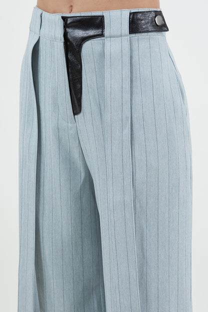 PINSTRIPE PU COMBO TROUSERS WITH STRAP DETAILS