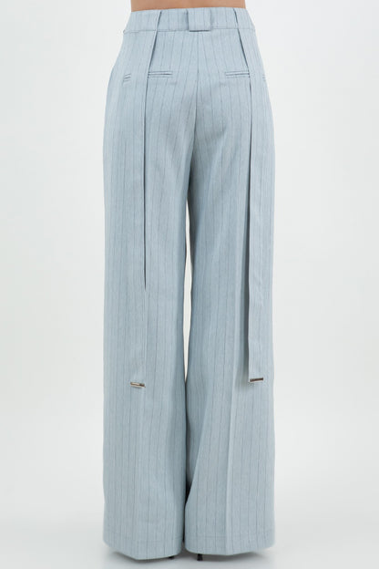 PINSTRIPE PU COMBO TROUSERS WITH STRAP DETAILS