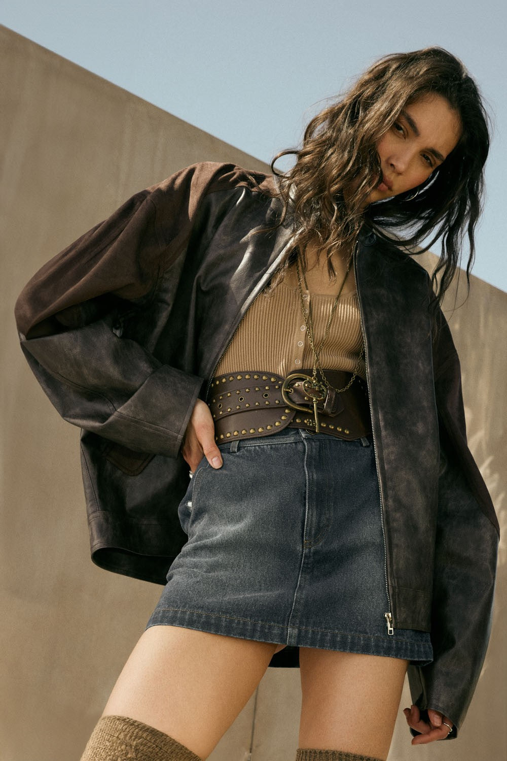 Faux Leather And Suede Barrel-sleeve Jacket