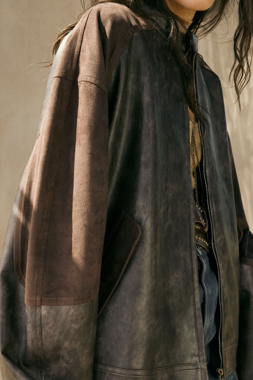 Faux Leather And Suede Barrel-sleeve Jacket
