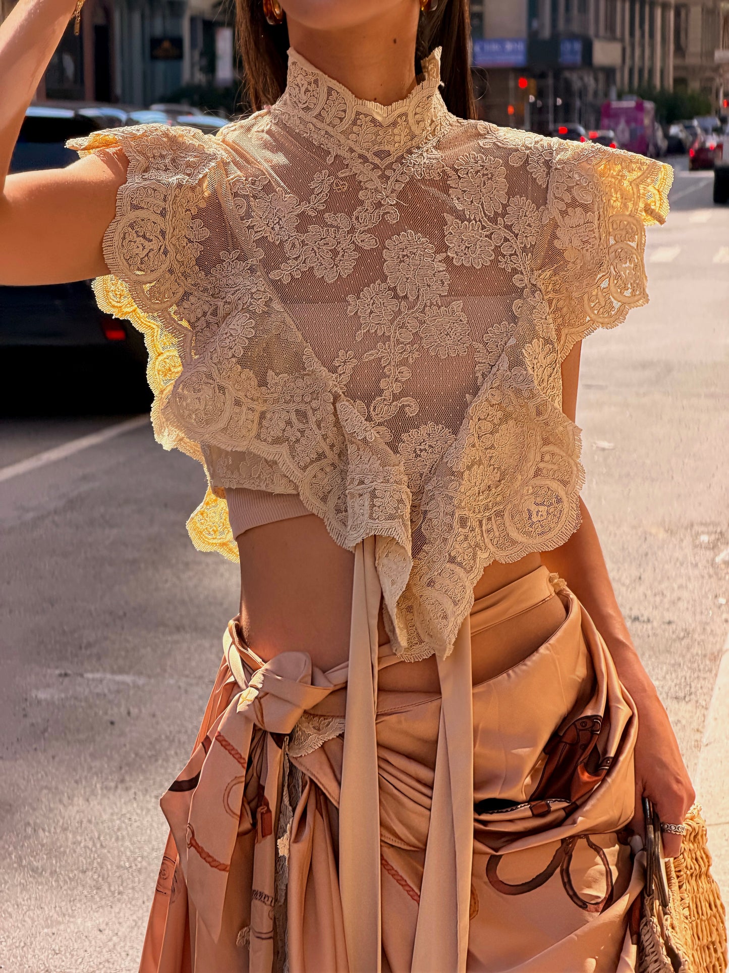 SHEER FLORAL MOCK NECK LACE CROP TOP