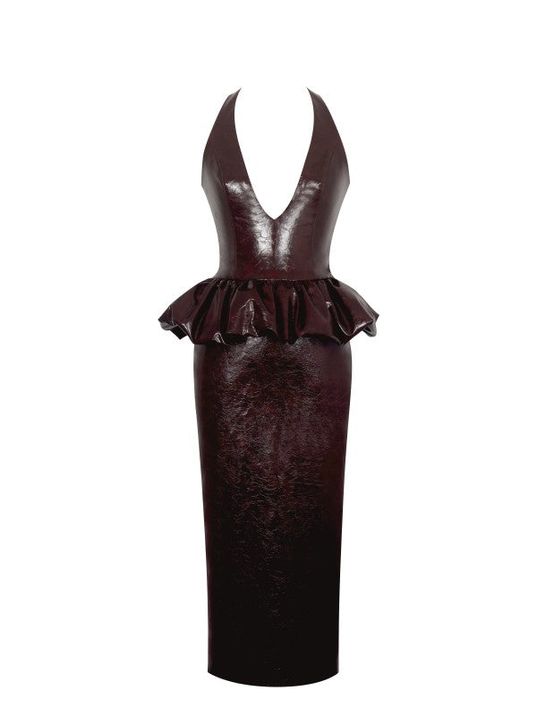 11 - Jaslene Mahogany Peplum Plunge Halter Midi Dress