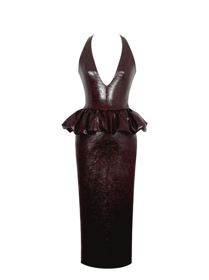 11 - Jaslene Mahogany Peplum Plunge Halter Midi Dress