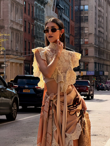 SHEER FLORAL MOCK NECK LACE CROP TOP