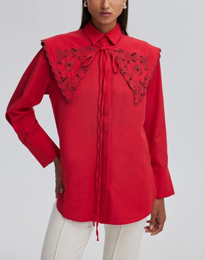 Embroidered Wide Collar Statement Shirt - Cotton Blend