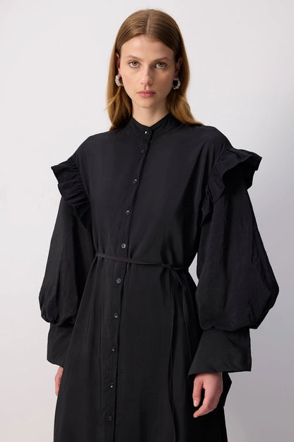 Ruffled Maxi Shirt Dress with Statements Sleeves