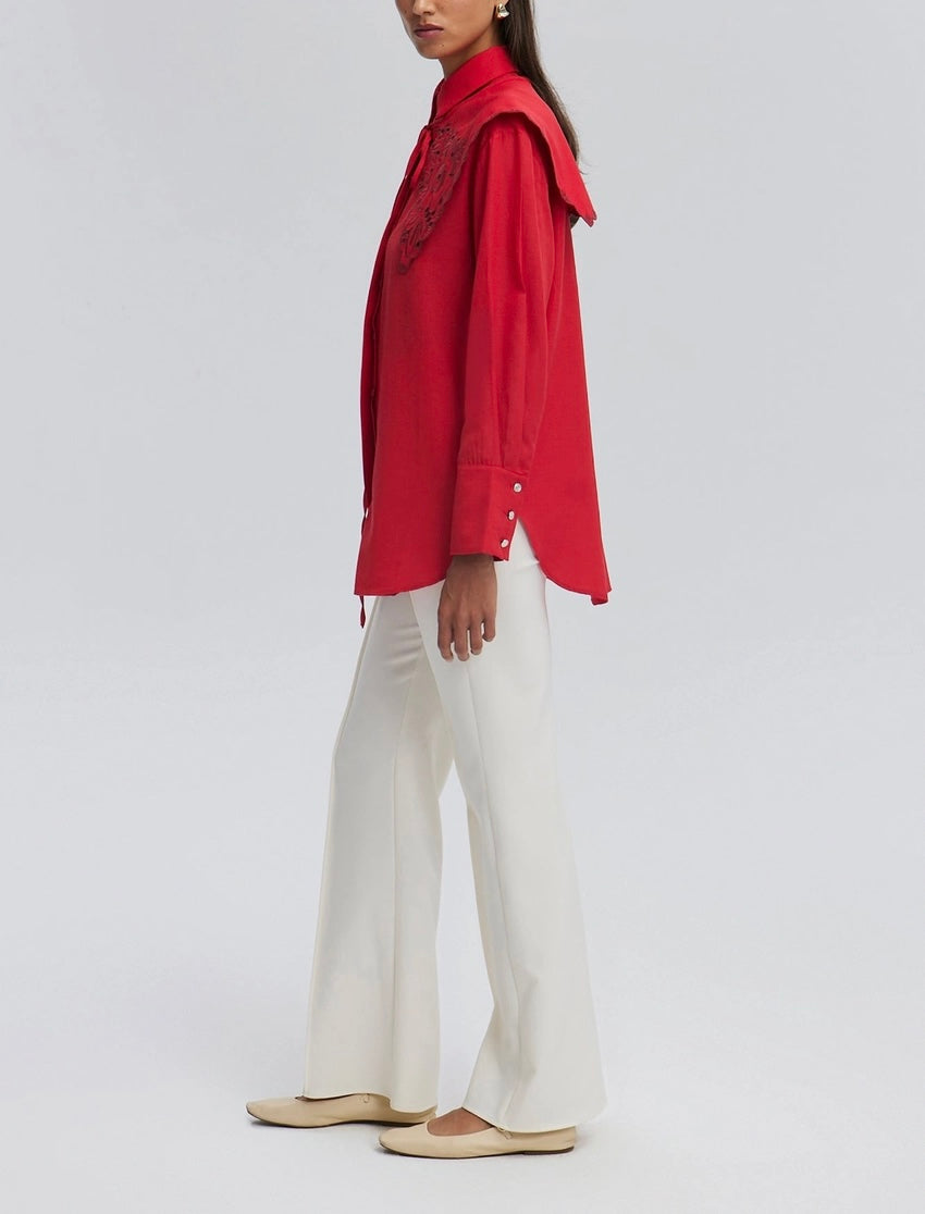 Embroidered Wide Collar Statement Shirt - Cotton Blend