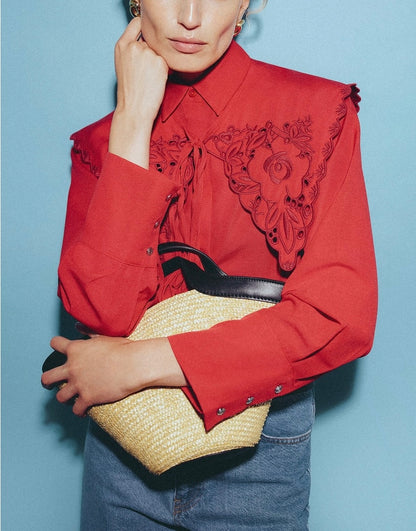 Embroidered Wide Collar Statement Shirt - Cotton Blend