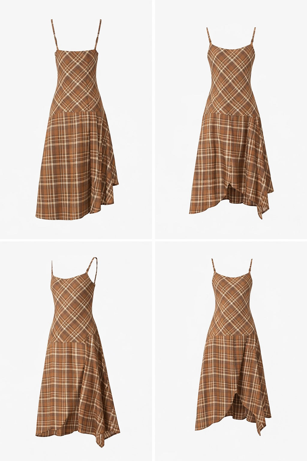 Checkered A-line cami dress in brown and asymmetric
