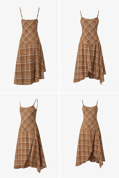 Checkered A-line cami dress in brown and asymmetric