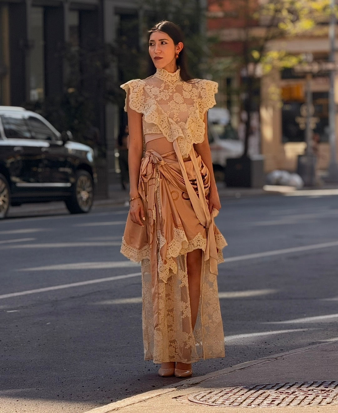 SATIN WRAP DRAPE LACE SKIRT