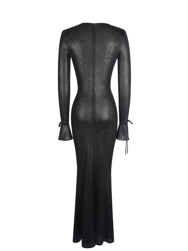 01 - ILYSIA BLACK V-NECK PLUNGE SNAKESKIN
MERMAID HEM MAXI DRESS
