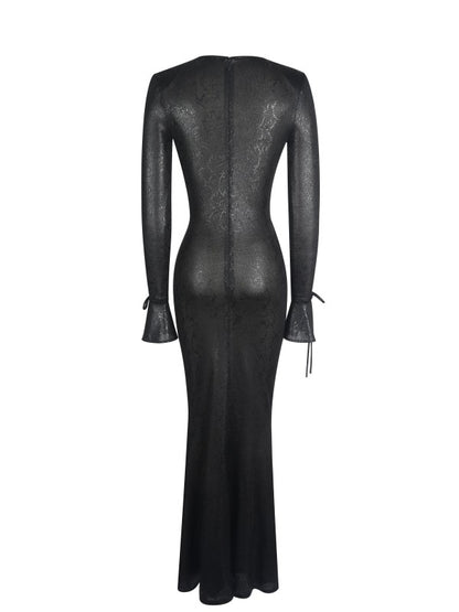 01 - ILYSIA BLACK V-NECK PLUNGE SNAKESKIN
MERMAID HEM MAXI DRESS