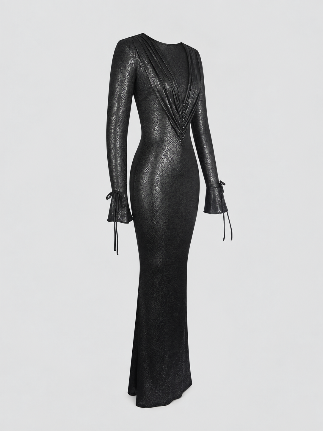 01 - ILYSIA BLACK V-NECK PLUNGE SNAKESKIN
MERMAID HEM MAXI DRESS