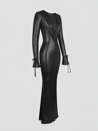 01 - ILYSIA BLACK V-NECK PLUNGE SNAKESKIN
MERMAID HEM MAXI DRESS