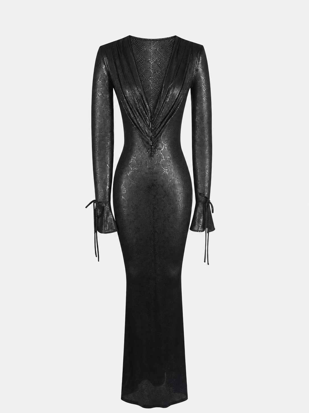 01 - ILYSIA BLACK V-NECK PLUNGE SNAKESKIN
MERMAID HEM MAXI DRESS