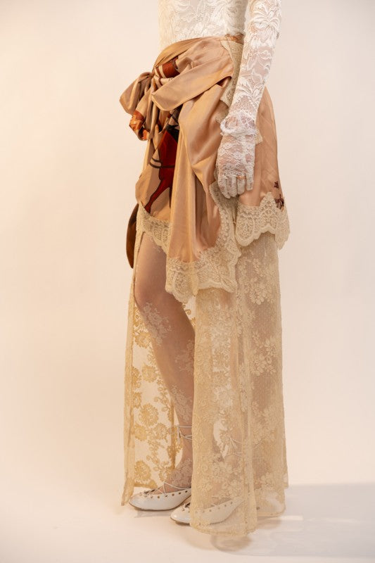 SATIN WRAP DRAPE LACE SKIRT