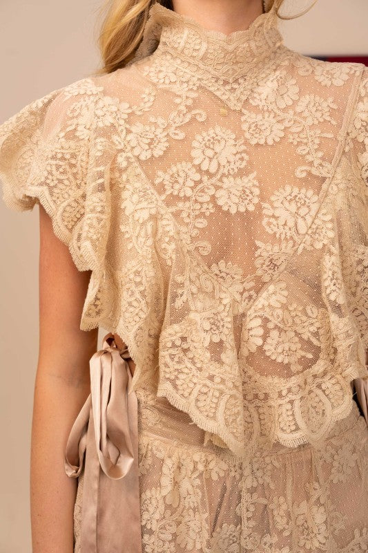SHEER FLORAL MOCK NECK LACE CROP TOP