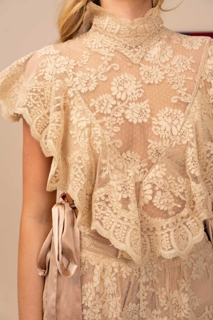 SHEER FLORAL MOCK NECK LACE CROP TOP