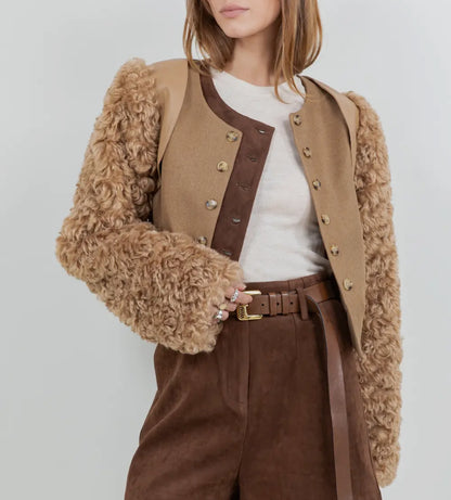 05 - Pu + Sherpa Combo Ultra Cropped Bolero Moto Jacket - Mocha