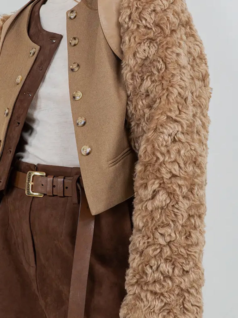 05 - Pu + Sherpa Combo Ultra Cropped Bolero Moto Jacket - Mocha