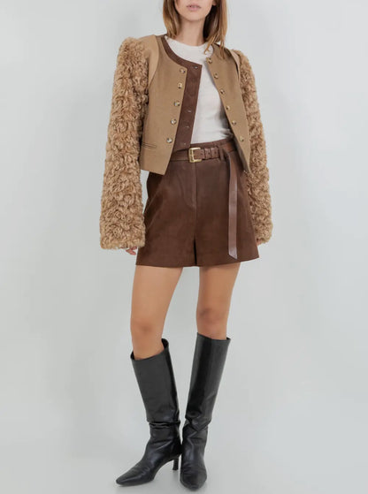 05 - Pu + Sherpa Combo Ultra Cropped Bolero Moto Jacket - Mocha