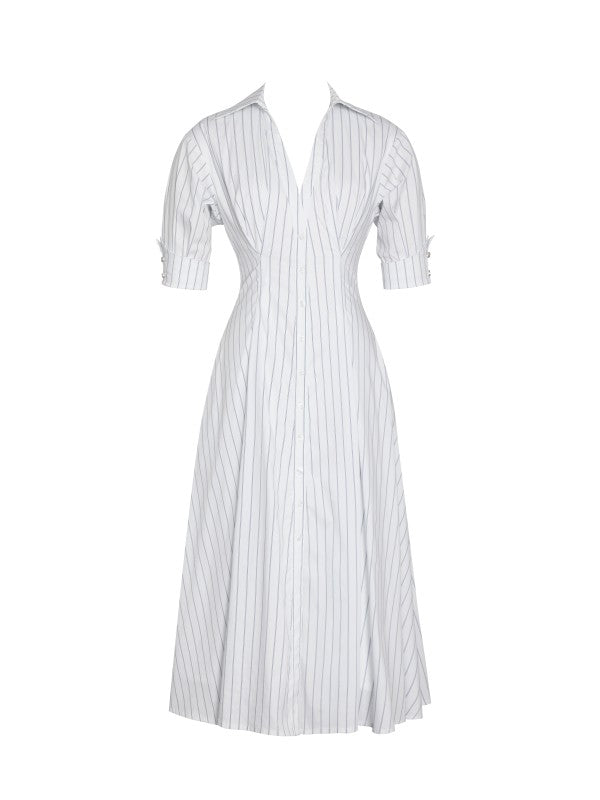 04 - Palina Pinstripes Cotton Midi Preppy Shirt Dress
