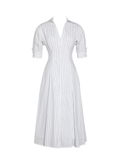 04 - Palina Pinstripes Cotton Midi Preppy Shirt Dress