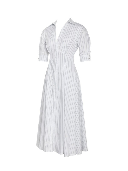 04 - Palina Pinstripes Cotton Midi Preppy Shirt Dress