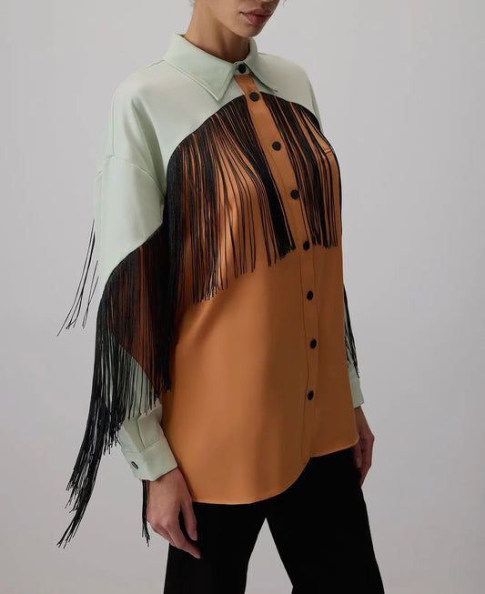 Colorblock Satin Fringe Shirt – Western Inspired