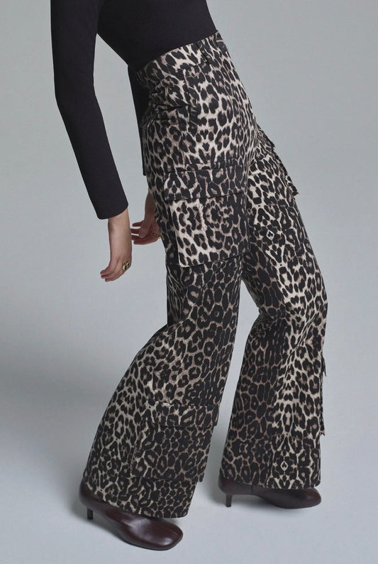 Leopard Print Flared Cotton Cargo Pants