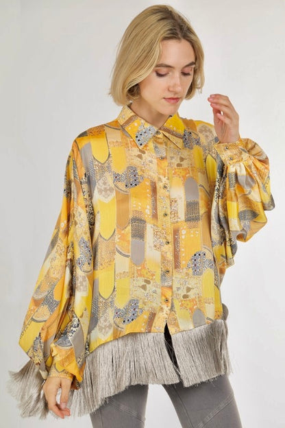 Bohemian Print Fringe Trim Satin Blouse