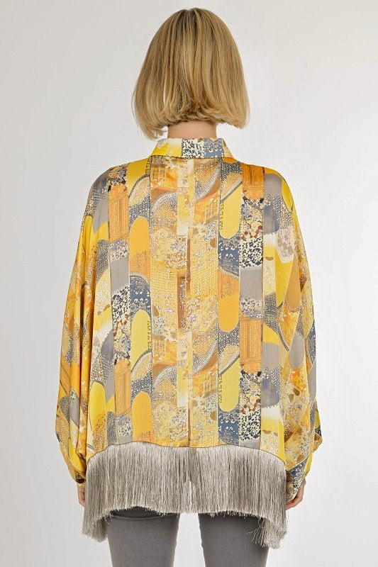 Bohemian Print Fringe Trim Satin Blouse