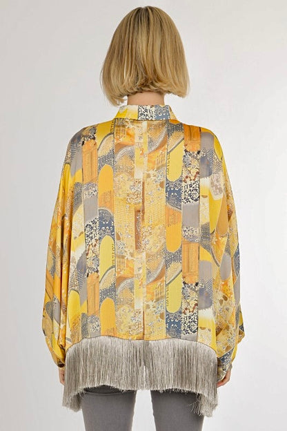 Bohemian Print Fringe Trim Satin Blouse
