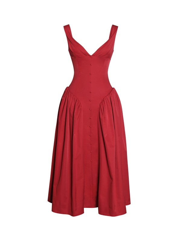 Ahla Red Drop Waist Midi Dress With Buttons