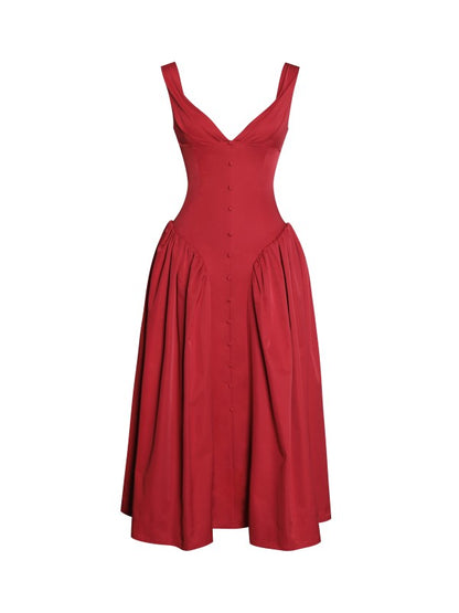 Ahla Red Drop Waist Midi Dress With Buttons