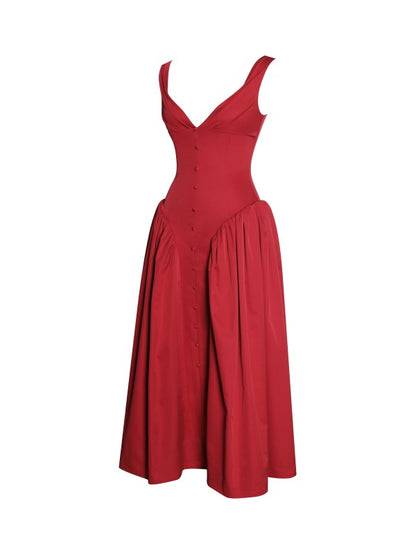 Ahla Red Drop Waist Midi Dress With Buttons