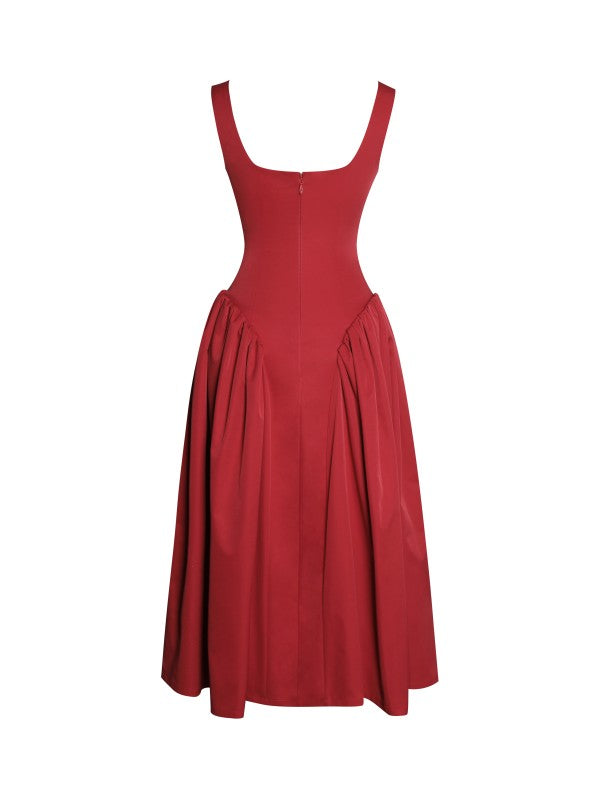 Ahla Red Drop Waist Midi Dress With Buttons