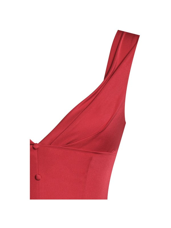 Ahla Red Drop Waist Midi Dress With Buttons
