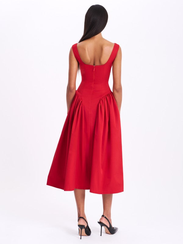 Ahla Red Drop Waist Midi Dress With Buttons