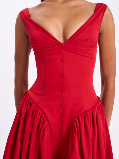 Ahla Red Drop Waist Midi Dress With Buttons