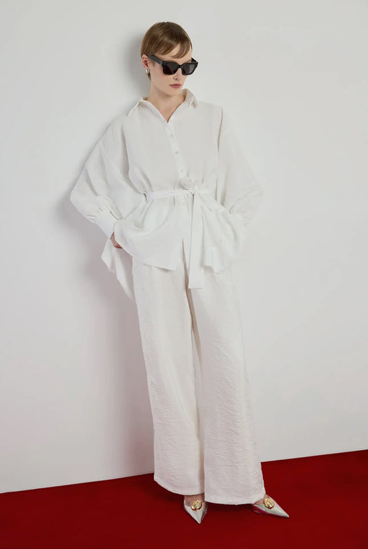 Bat wing sleeves Asymmetric Belted Shirt in Cupro-Look