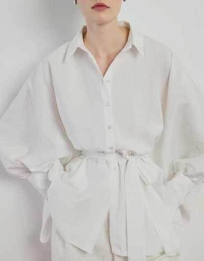 Bat wing sleeves Asymmetric Belted Shirt in Cupro-Look