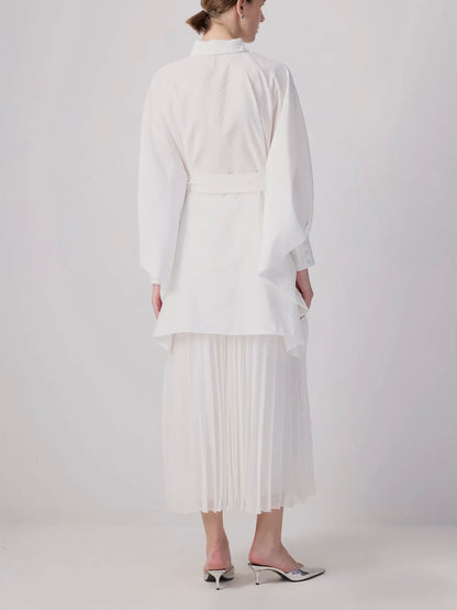 Bat wing sleeves Asymmetric Belted Shirt in Cupro-Look